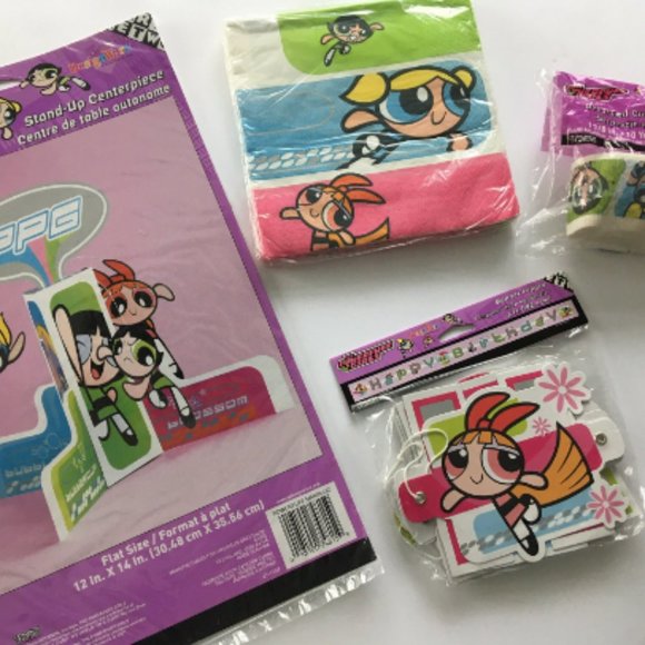 VINTAGE THE POWERPUFF GIRLS PARTY DECORATIONS & NAPKINS, STAND-UP CENTERPIECE - Picture 1 of 11